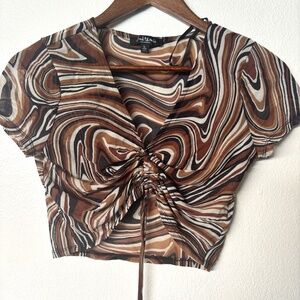 Preloved Brown Swirl Crop Top – Ruched Front, Size Large